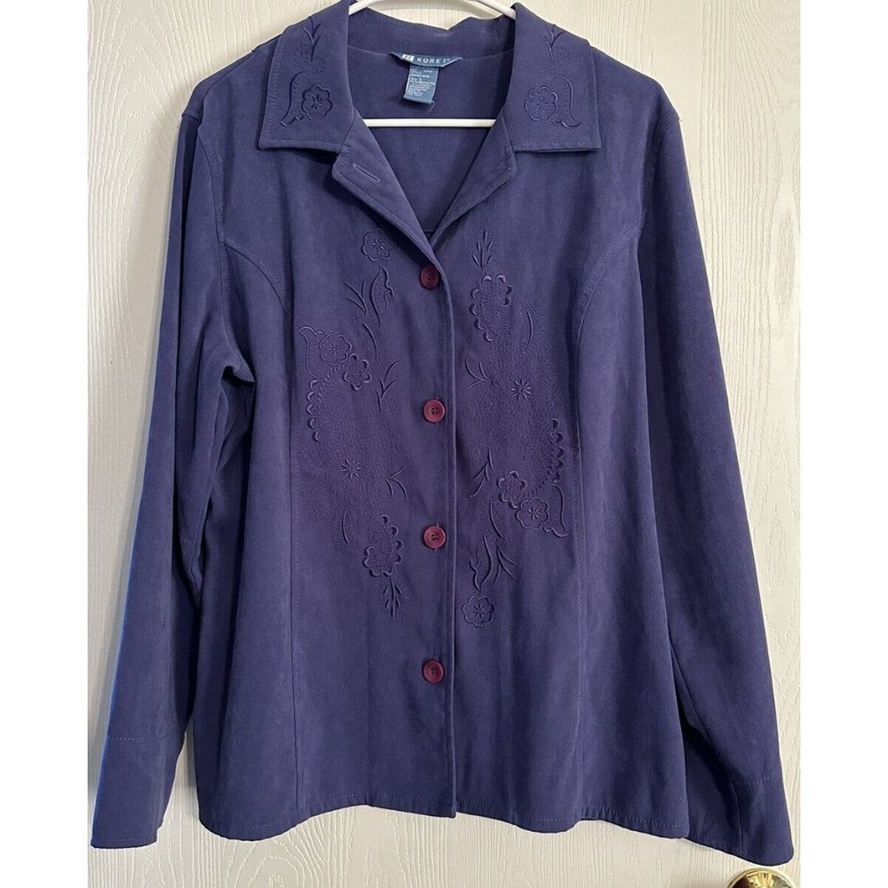 Koret Vintage Purple Blazer Jacket Stretch Embroidered Front Square Button Sz 18